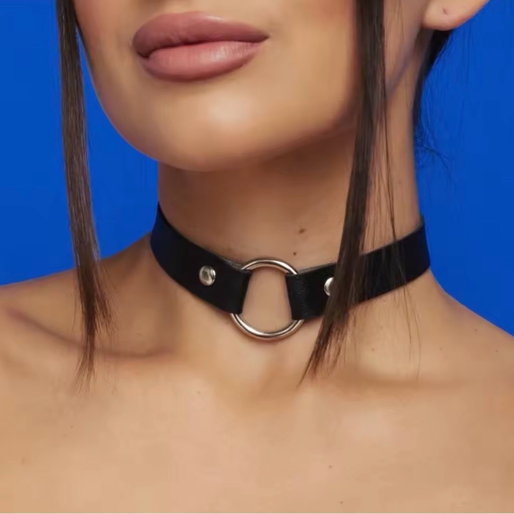 Black Leather Choker Necklace with Silver circle